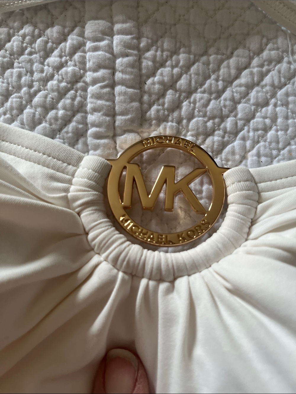 Michael Kors White Strapless Swim tankie and bottoms in off with Gold MK Accent